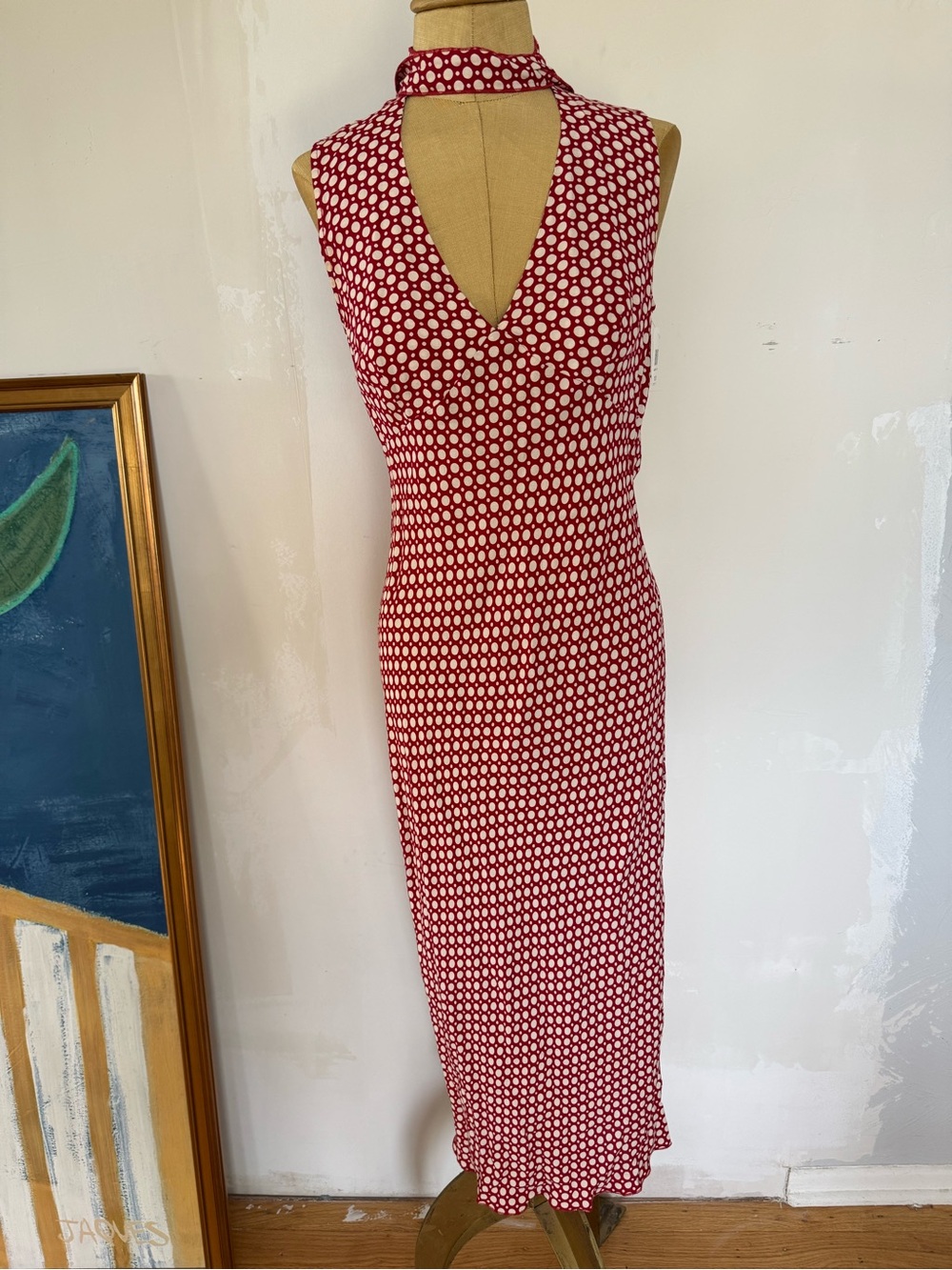 Red/ White Sleeveless Midi Dress with Tie